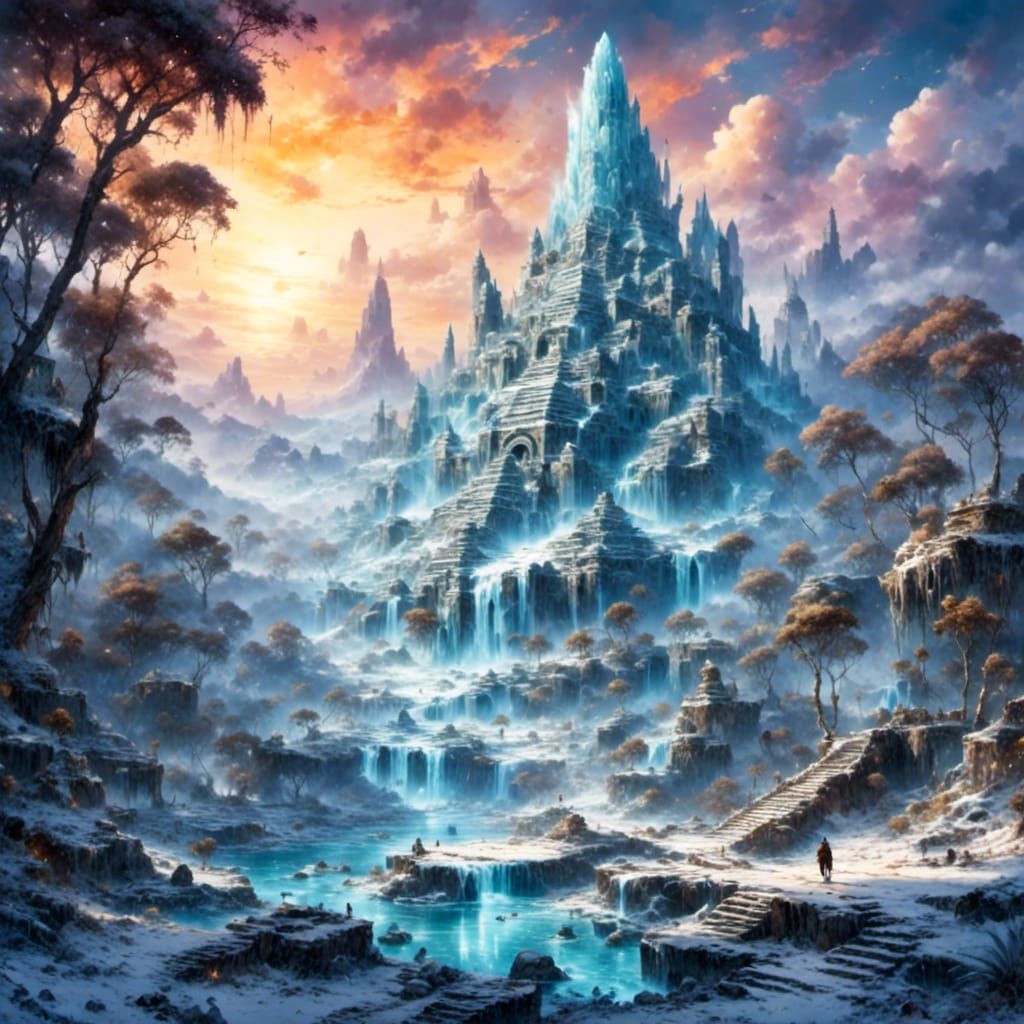 Icy Tropical Wonderland with Mayan Ruins in Watercolor