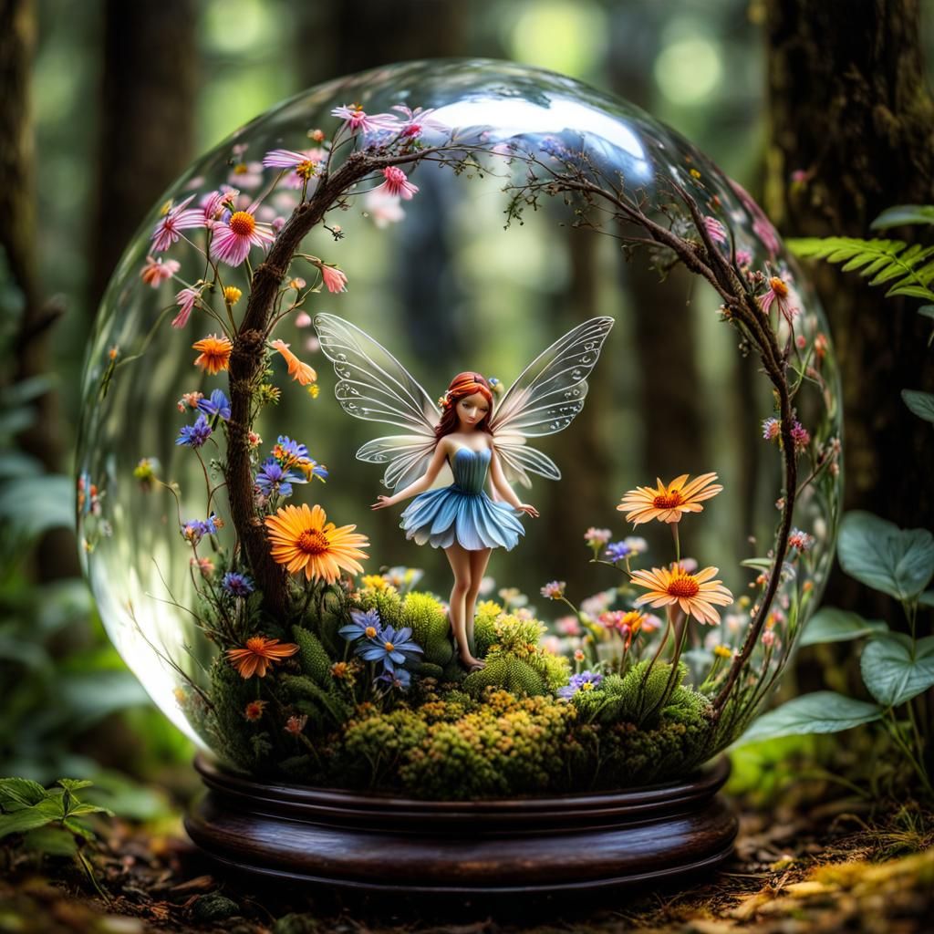 Fairy Trapped in Glass Sphere: Hyperrealistic Forest Scene