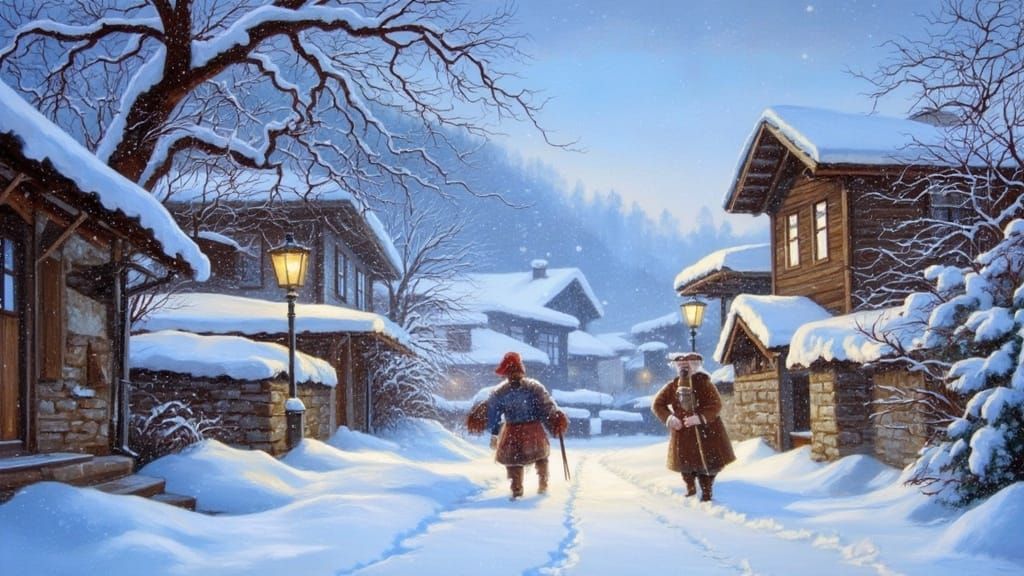 Pixar-Style Snow Village Scene with Walking Villagers