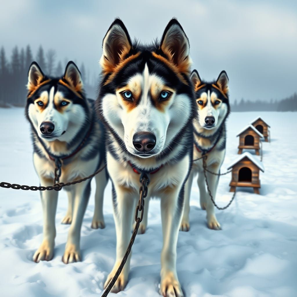 Surreal Winter Scenes of Tethered Alaskan Huskies in a Snowy...