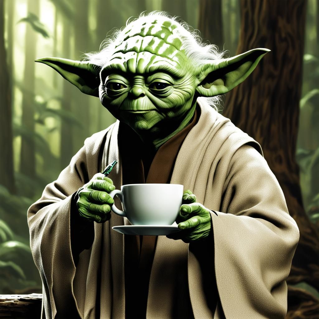 Master Yoda drinking coffee