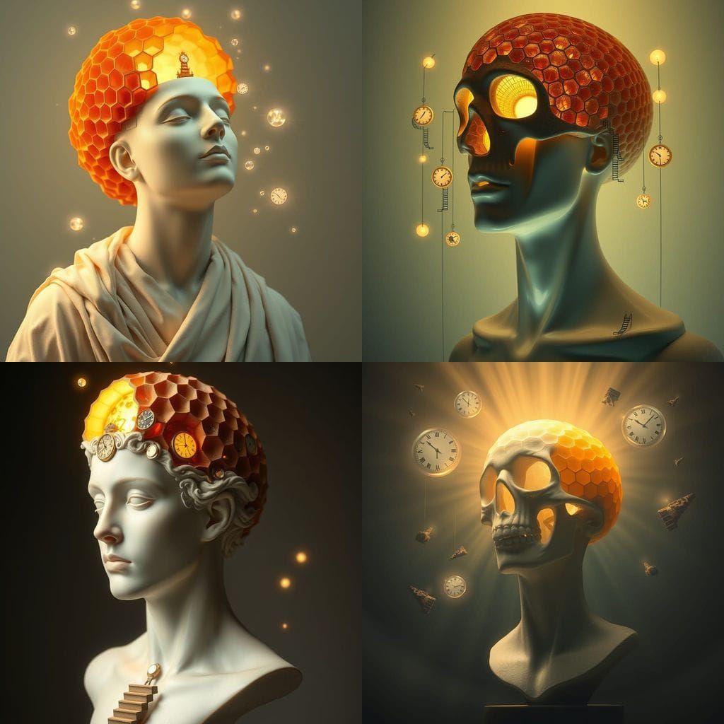 Surreal Honeycomb Head with Glowing Orbs