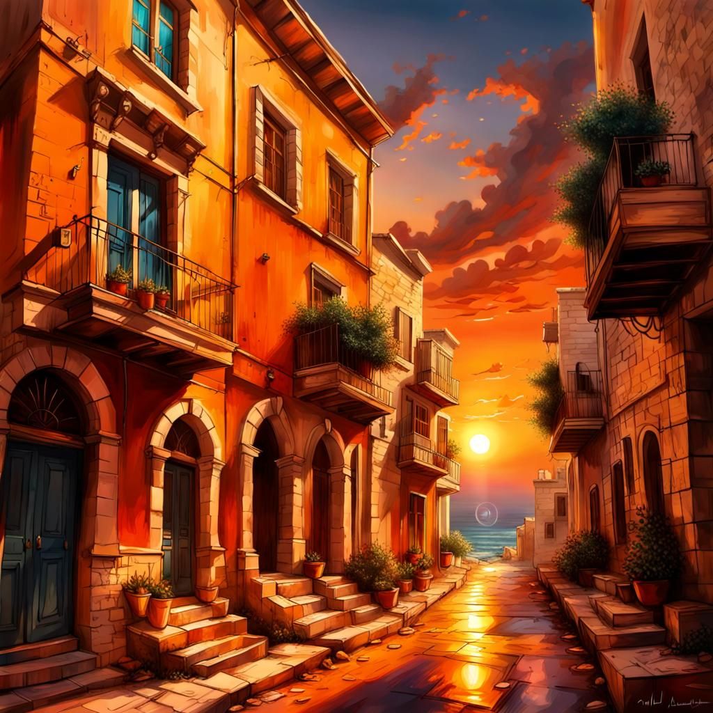 Lebanese Streets at Sunset: Hyperrealistic Splash Art