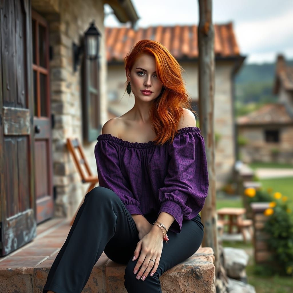 a stunning woman with thick red hair, wearing black trousers...