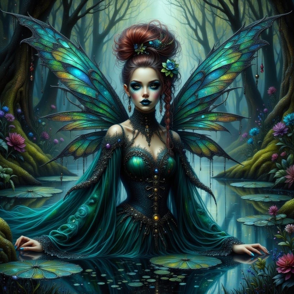 Mysterious Gothic Fairy in Reflective Pond