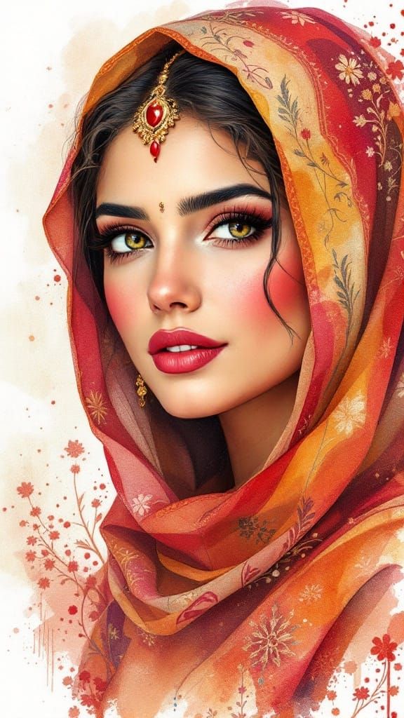 Majestic Arabic Woman in Folk Art Style