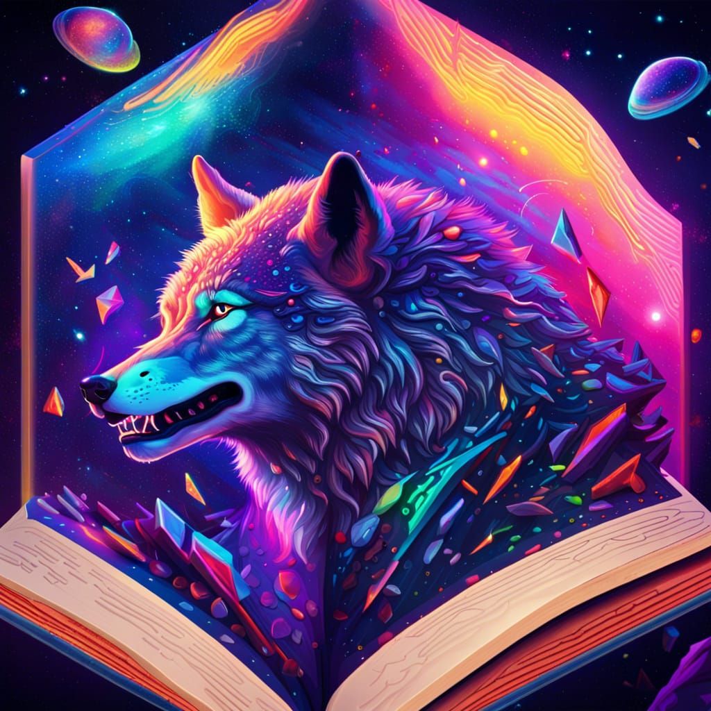 Neon Cosmic Wolves in Open Book