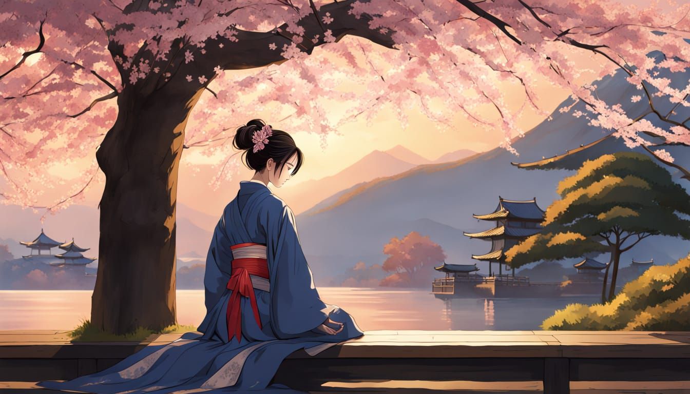 Anime Woman Under Cherry Tree at Sunset