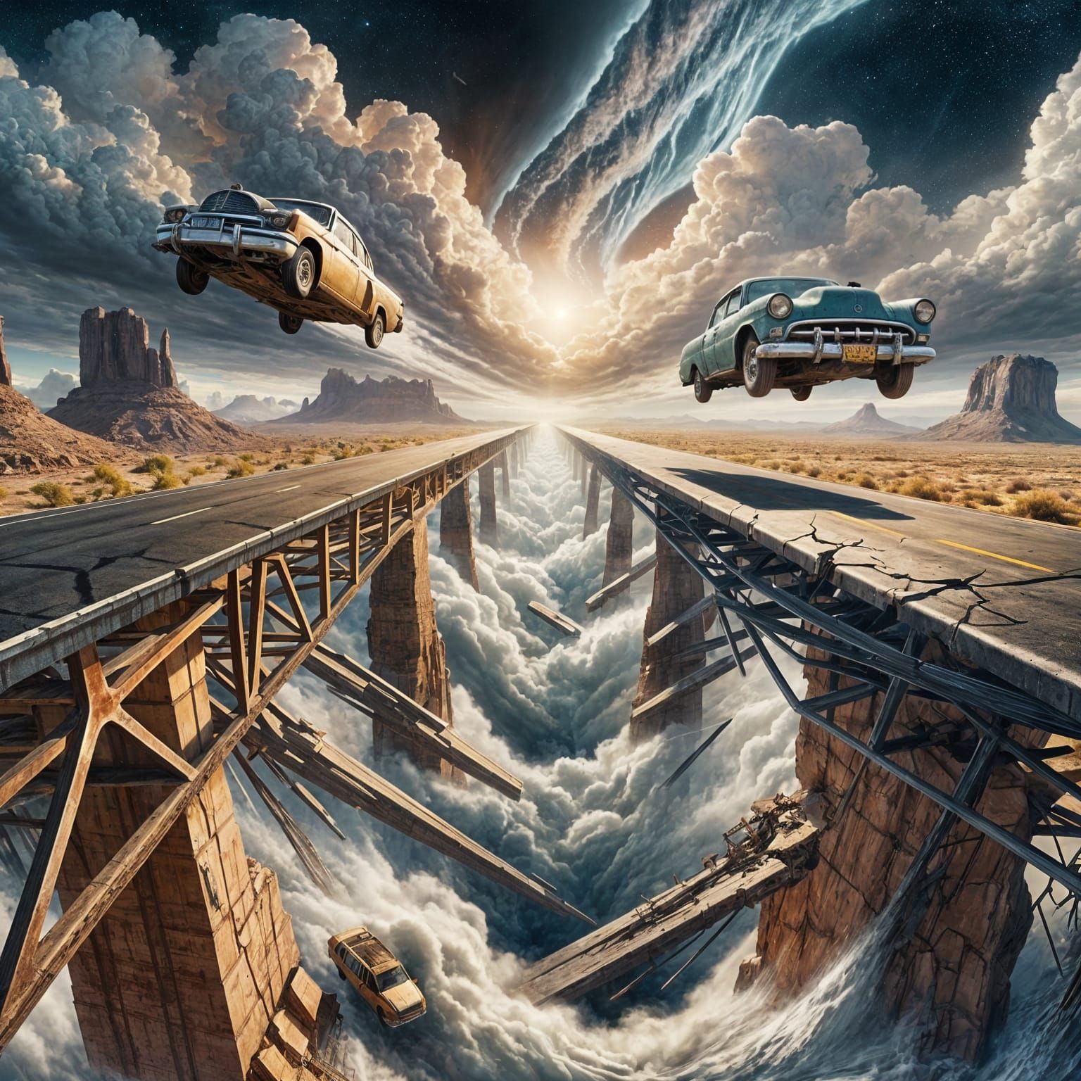 Physics-Defying Desert Mesas with Airborne Cars