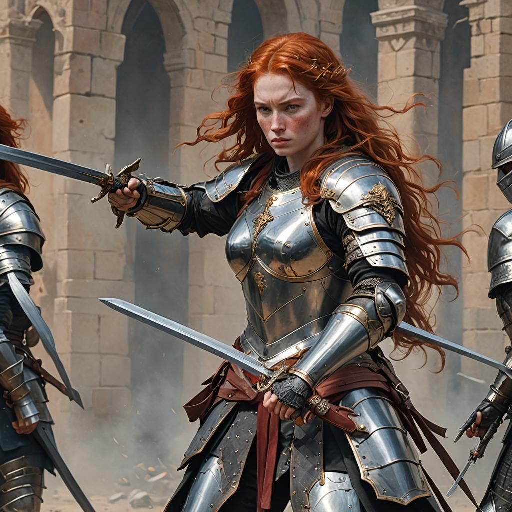 Armored Redhead Grips Sword Defensively