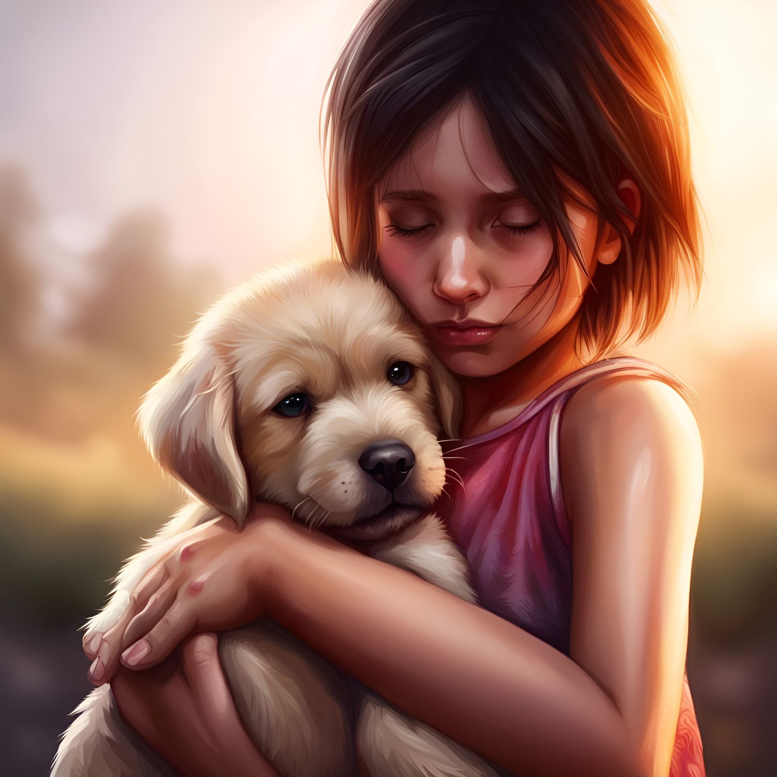 Sad Puppy Comforted by Girl: Hyperrealistic Portrait