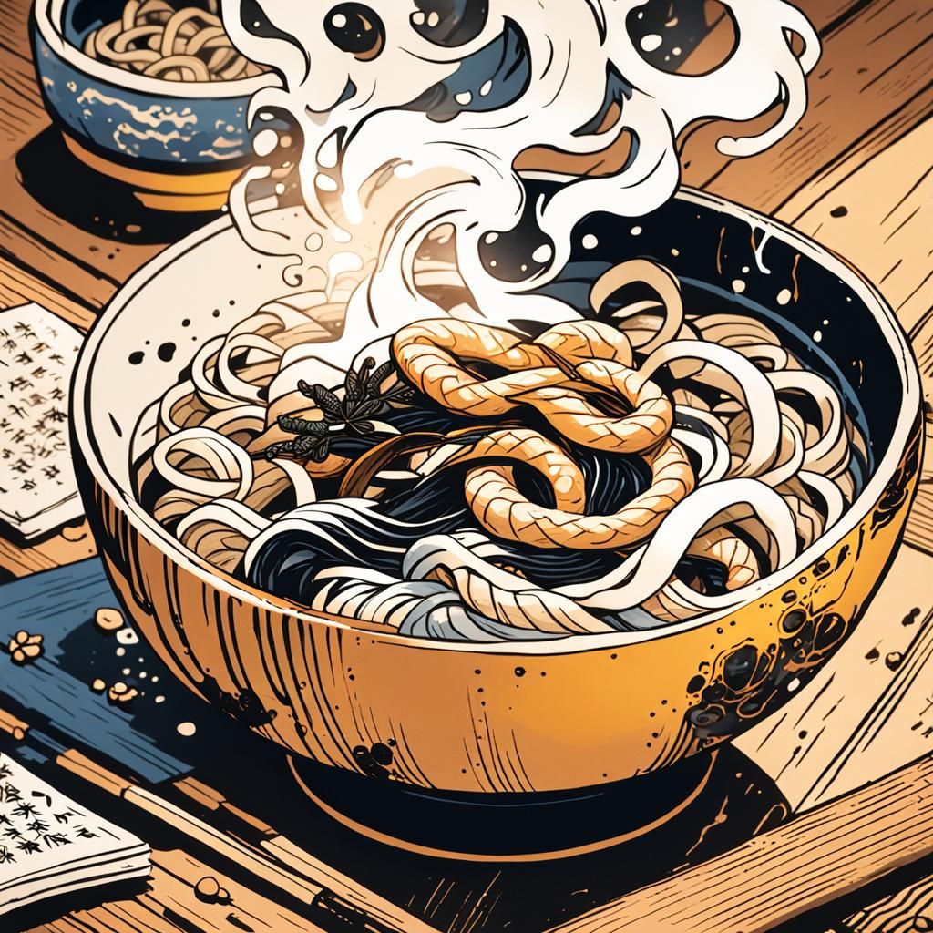 Ukiyo-e Kamatama Udon Still Life with Kintsugi Accents