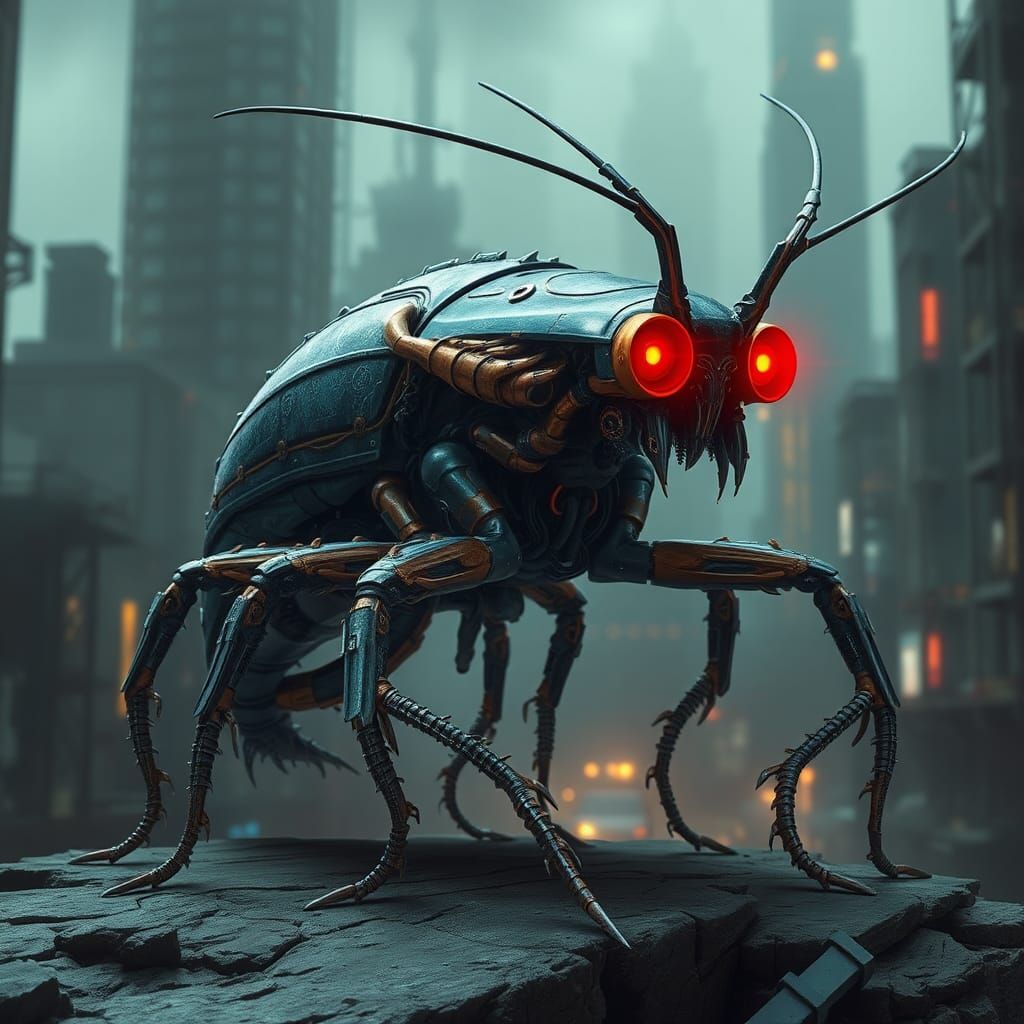 Biomechanical Cockroach Alien in Dystopian Cityscape