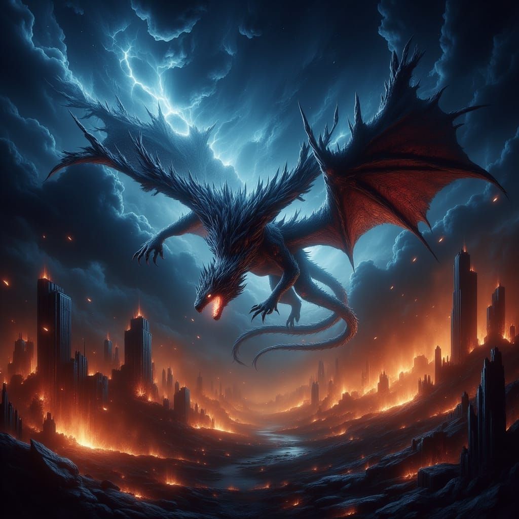 Omnious Dragon Soars Through Apocalyptic Sky