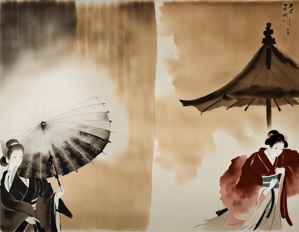 Kimono Women in Sumi-e Style Under Umbrella