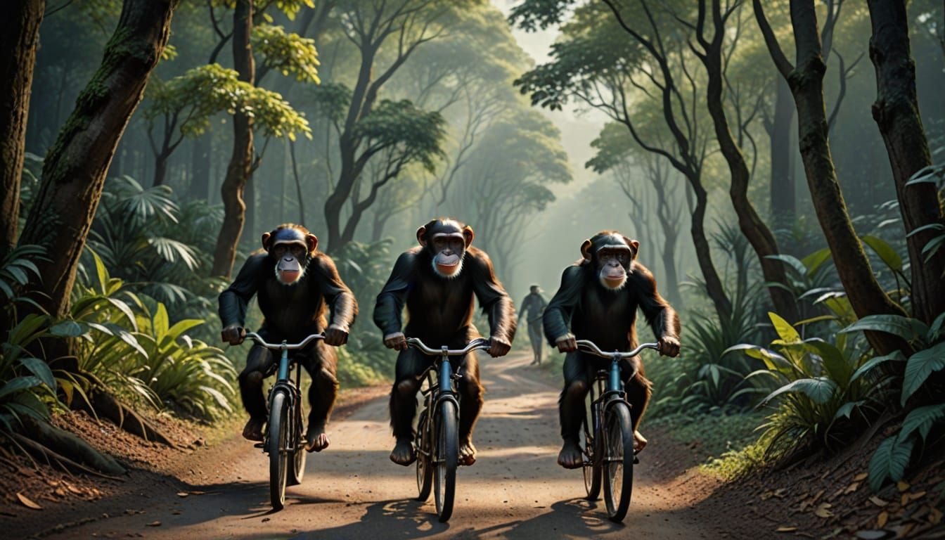 Chimpanzees Ride a Vintage Bicycle Down a Winding Forest Pat...