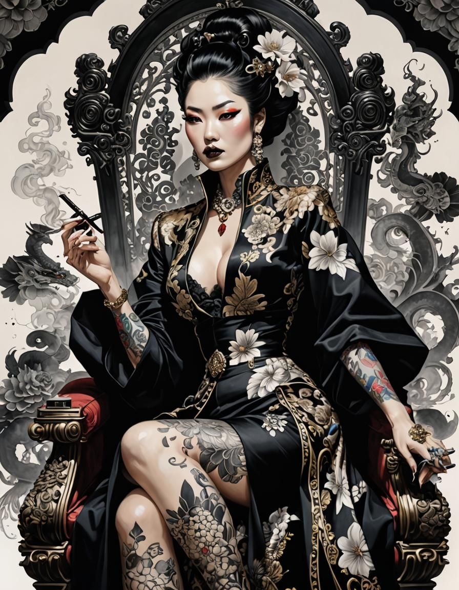 Yakuza Girl Boss with Ornate Tattoos in Baroque Style