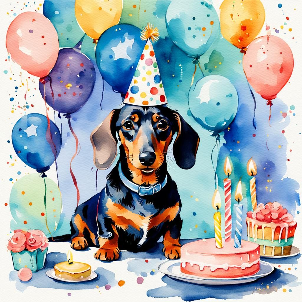 Festive Blue Dachshund Birthday Watercolor Illustration