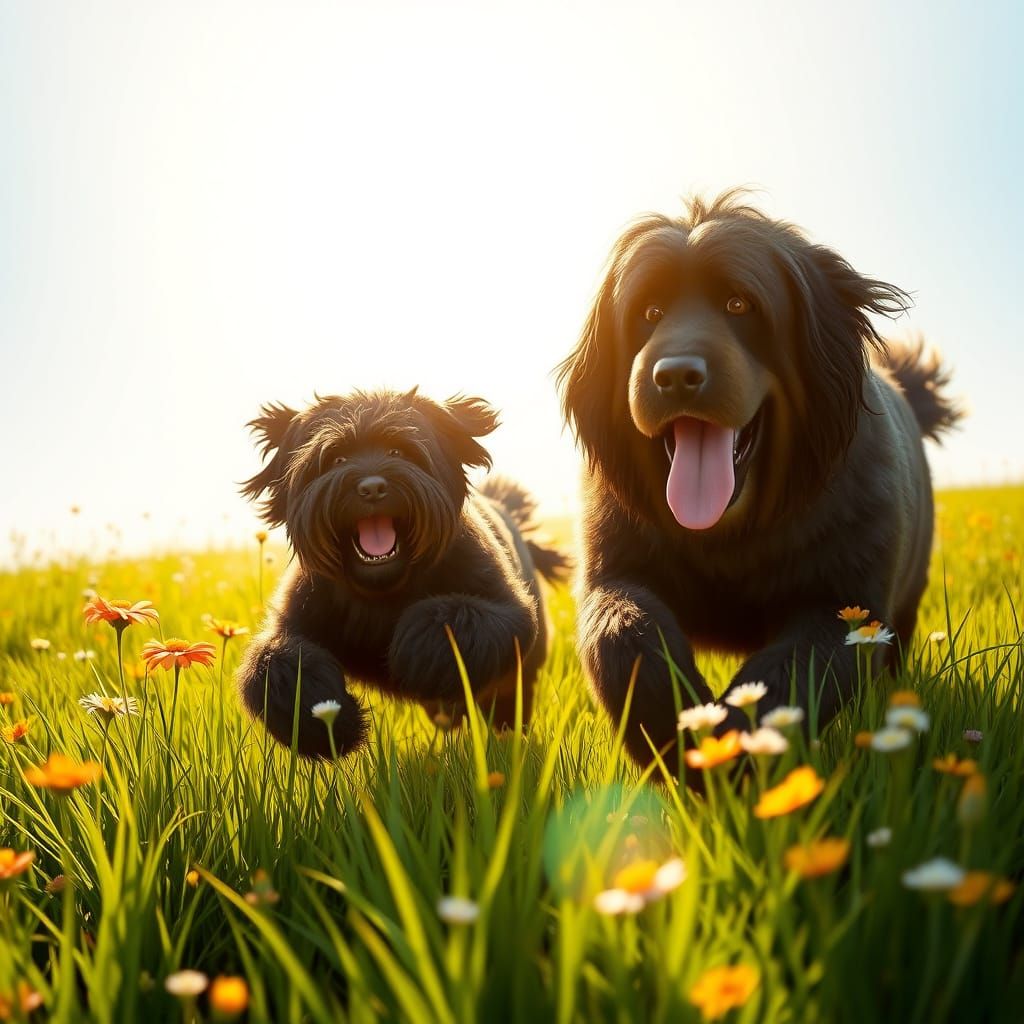 Giant Schnauzer and Newfoundland Play in Vibrant Summer Mead...