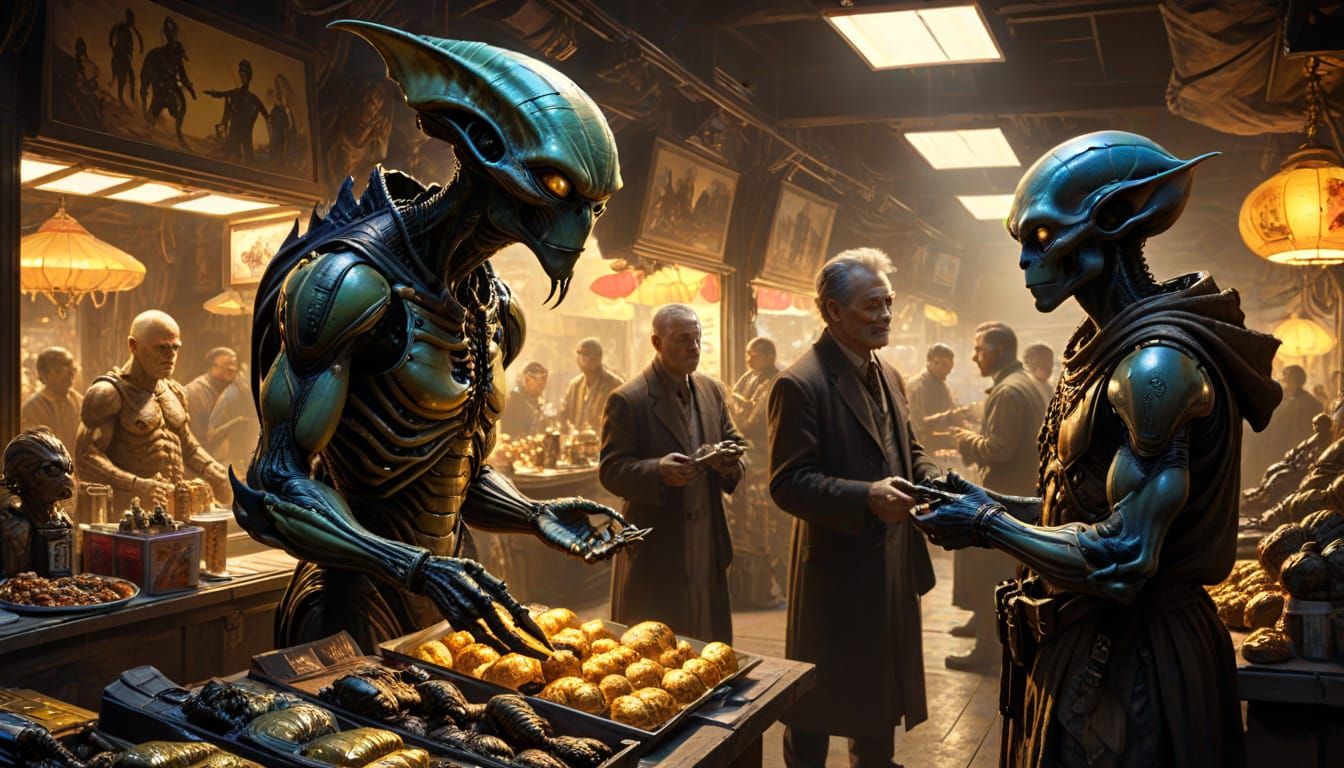 Alien Market Haggling in Oil Painting Style