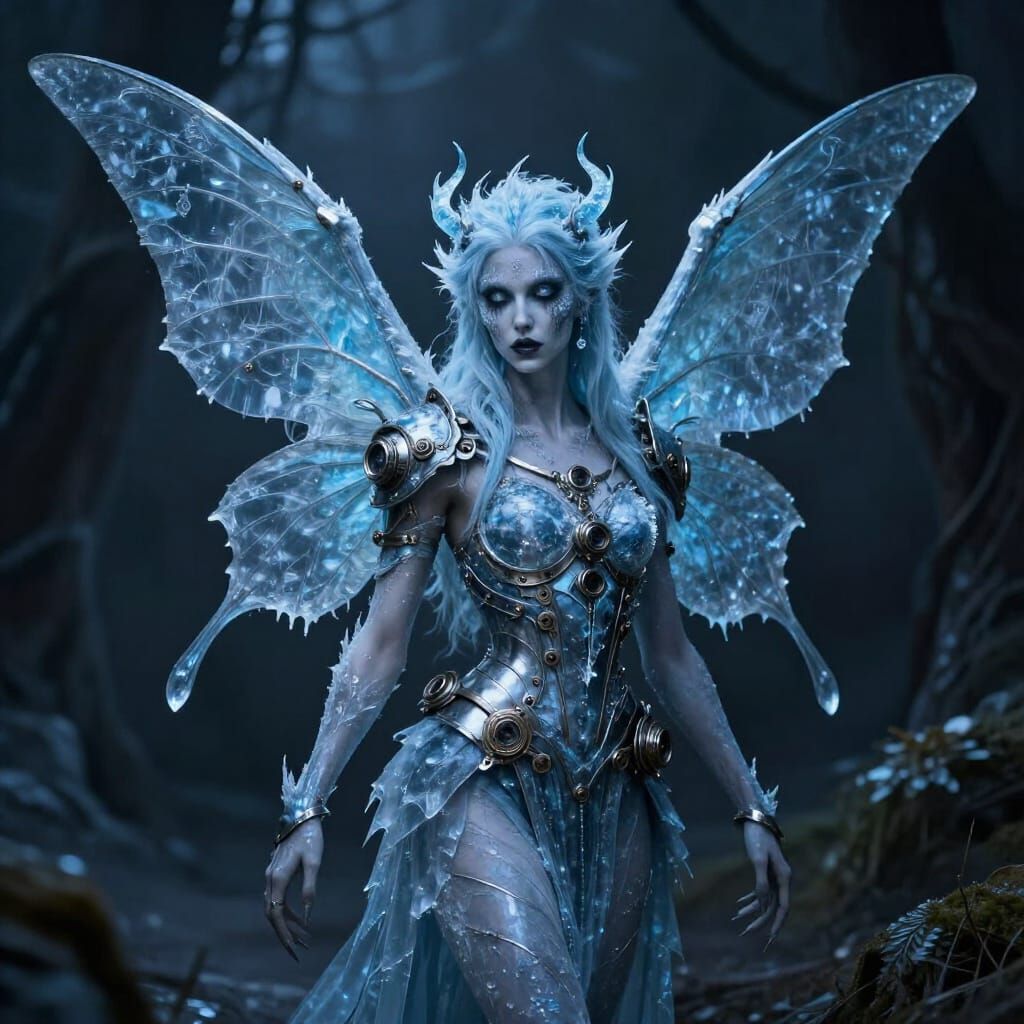 Steampunk Frost Fairy with Icy Blue Metal Wings