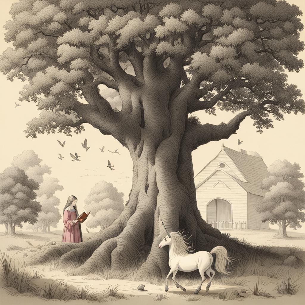 Girl Reading Under Tree Approached by Unicorn