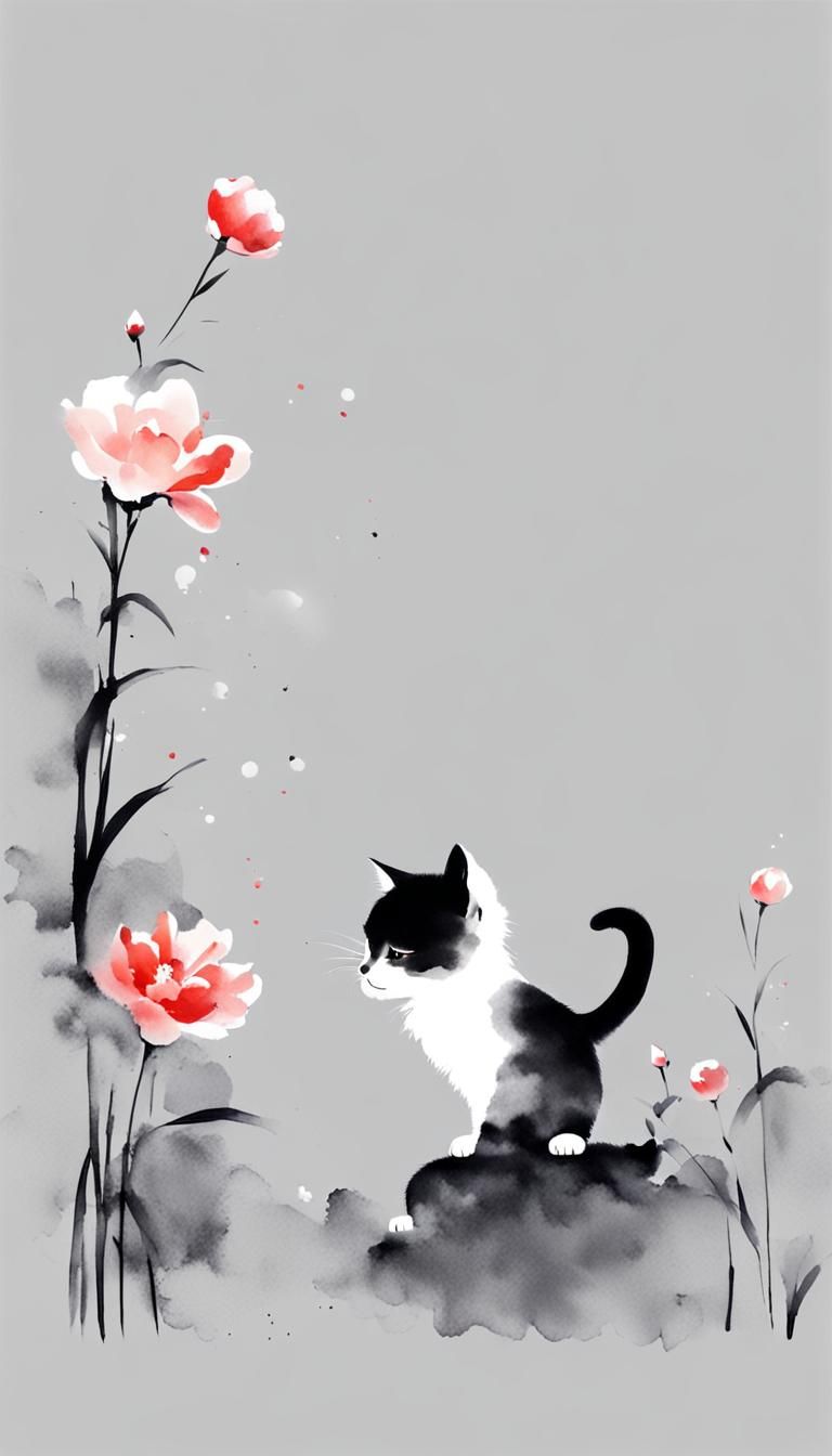 Minimalist Kitten Playing with Flower in Ink Painting