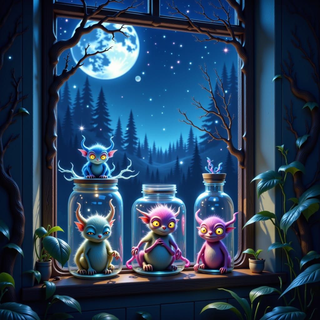 Pastel Monsters in Glass Jars Under Starry Night Sky
