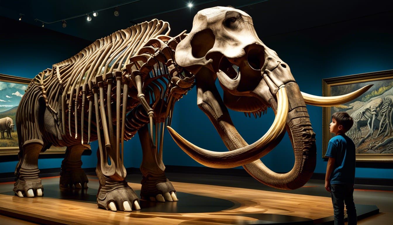 Boy and Mammoth Skeleton: Hyperrealistic Museum Scene