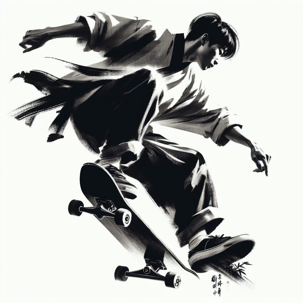 Skateboarder in Motion: Chinese Ink Painting Style