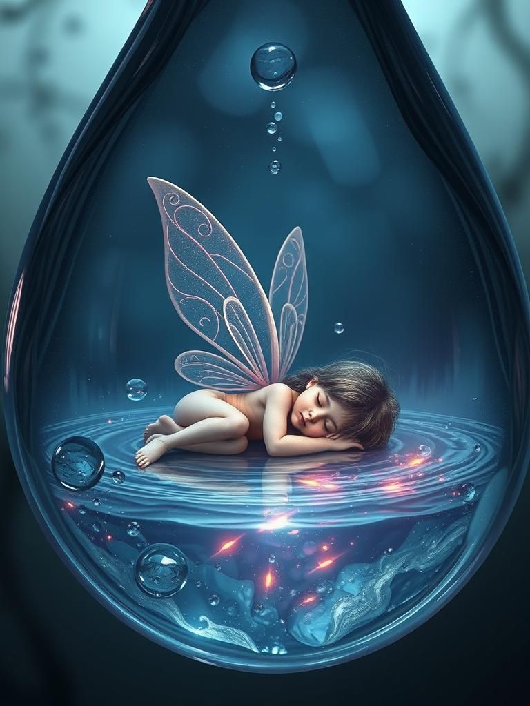 Fairy Sleeping in Water Drop: Digital Illustration