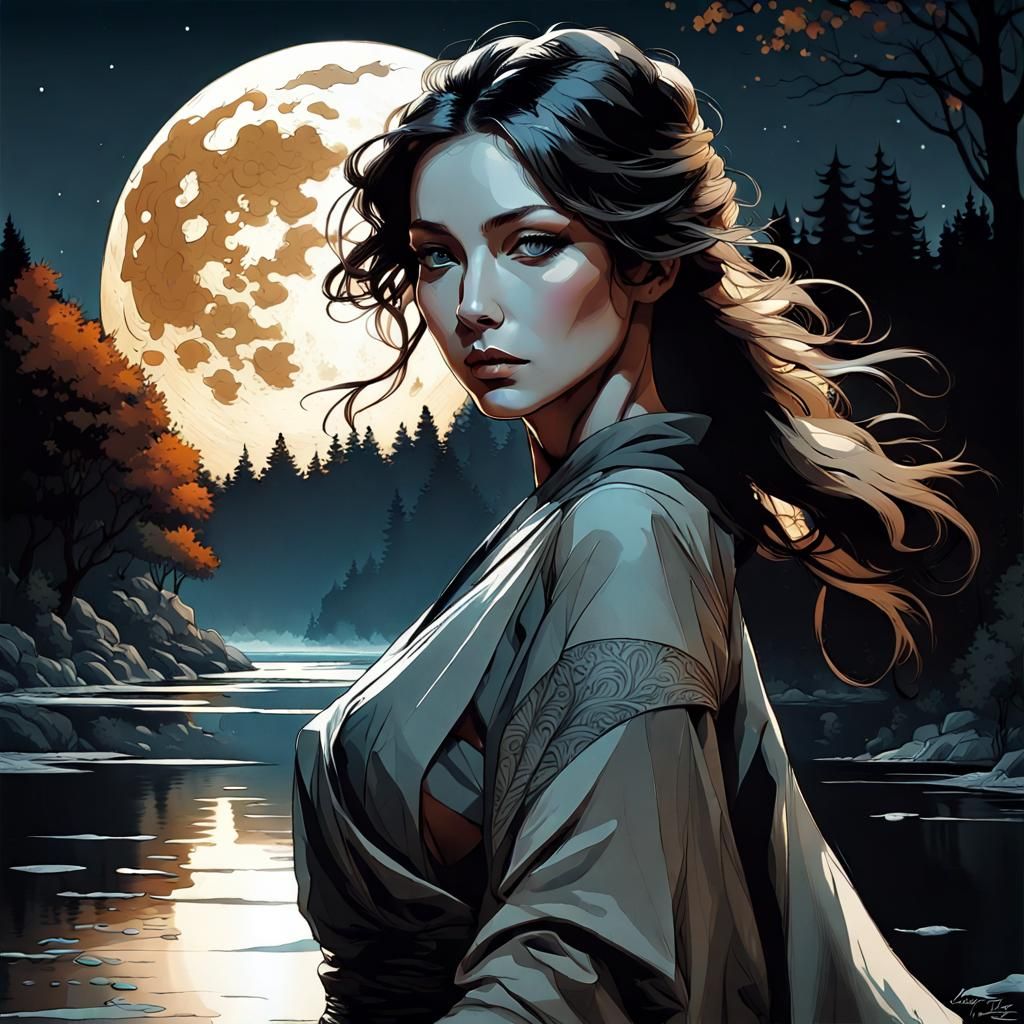Fantasy Portrait of a Woman in Moonlight, Art Nouveau Style