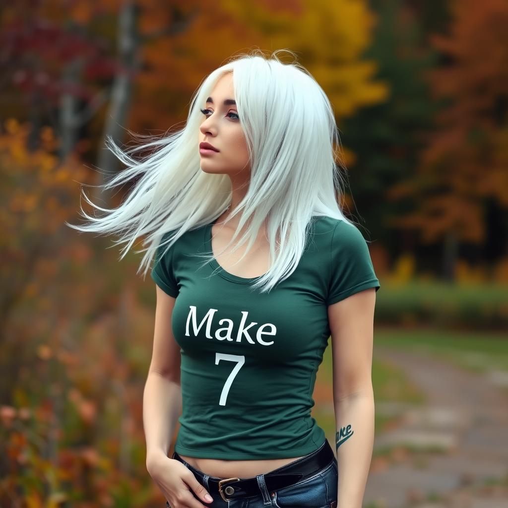 Ghostly Woman in Green Tee Near Autumn Forest