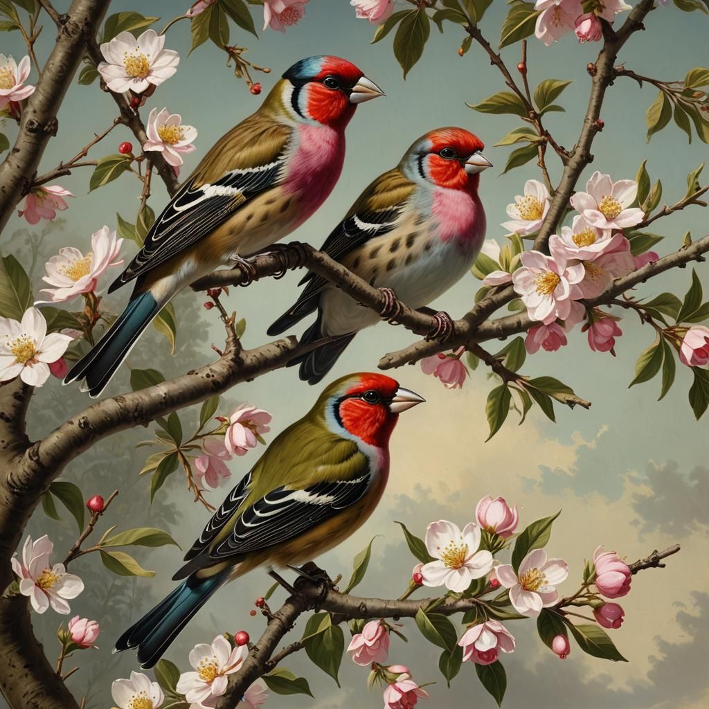 Finches in Cherry Tree, Ornithological Illustration