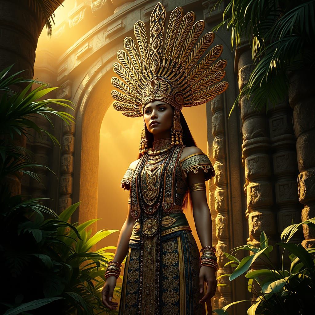 Mayan Goddess in Golden Headdress, Temple Setting