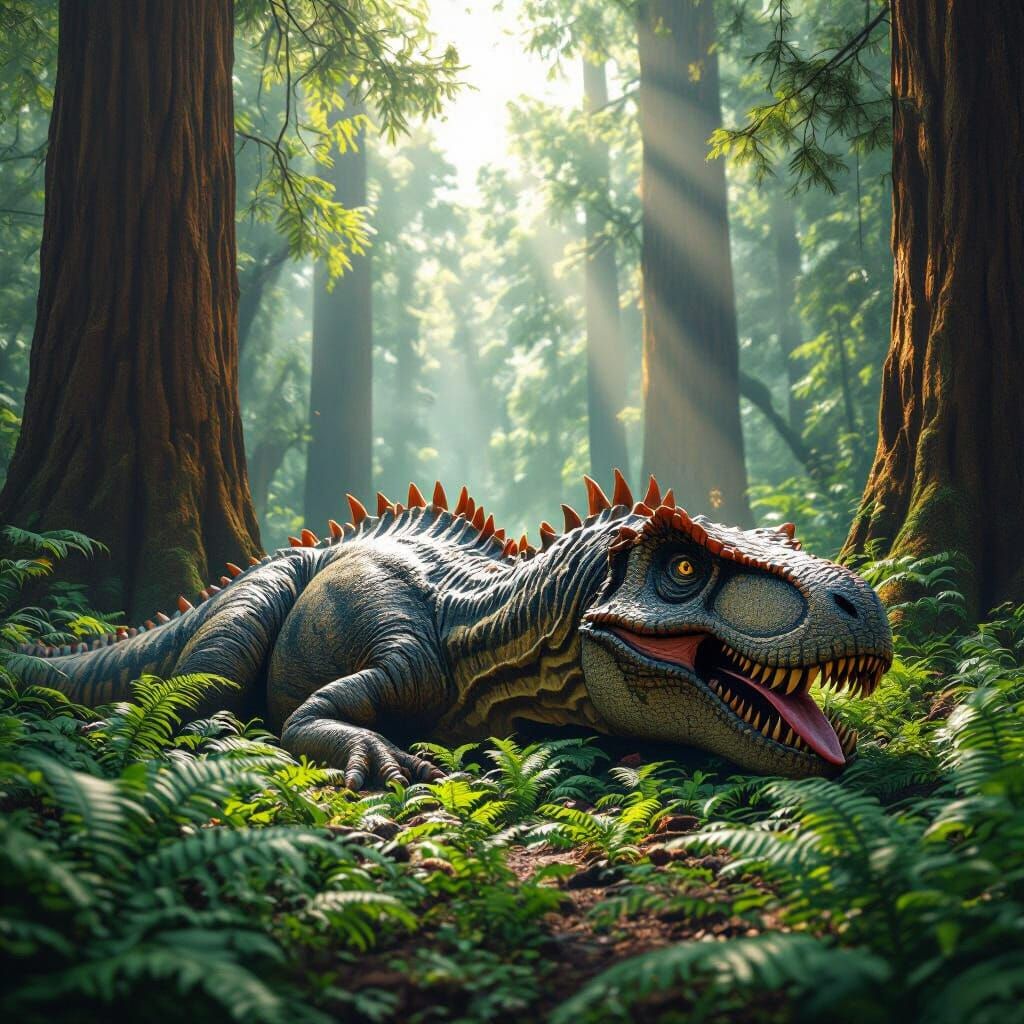 T-Rex Sleeping in Redwood Forest with Sunbeams
