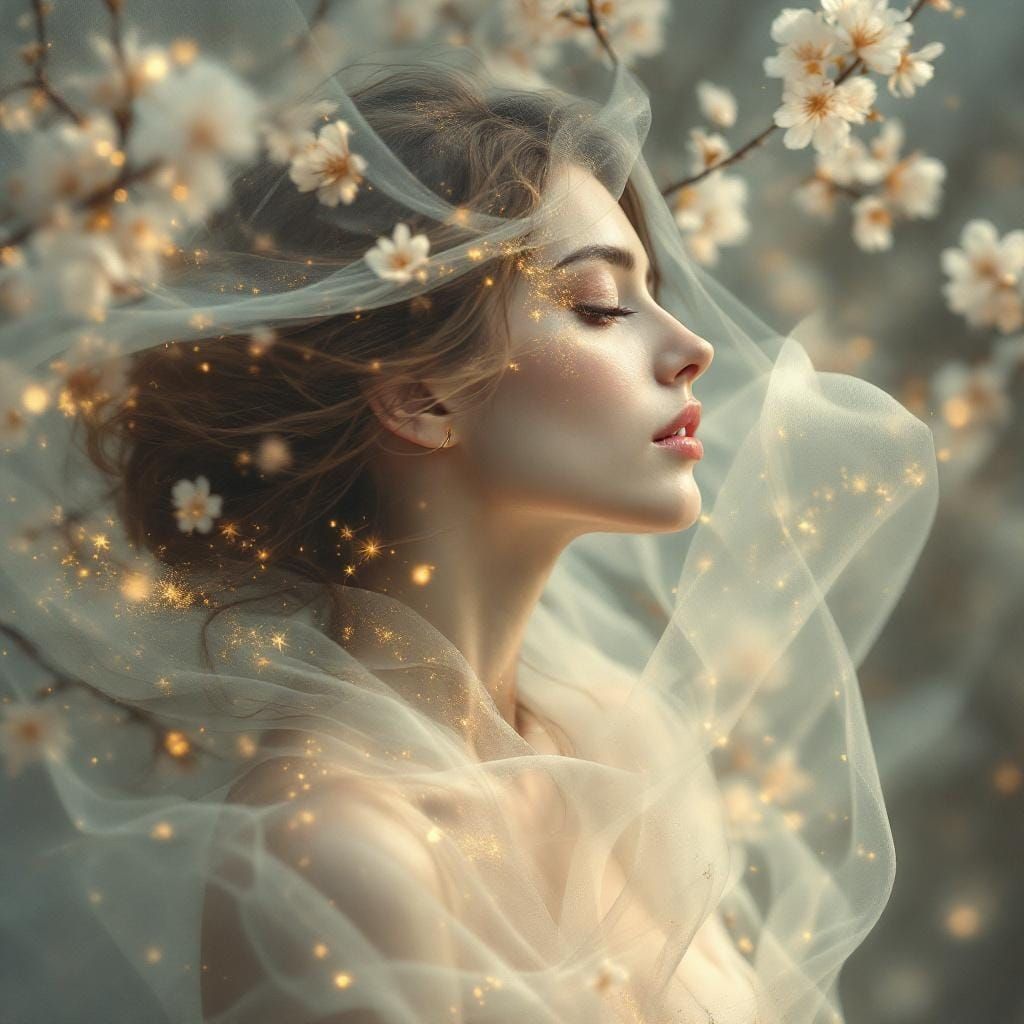 Dreamlike Portrait of Woman with Golden Floral Particles