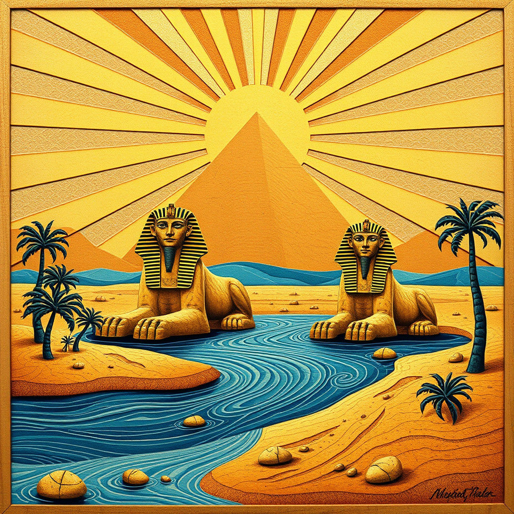 Whimsical Nile River with Sphinx in Abstract Style