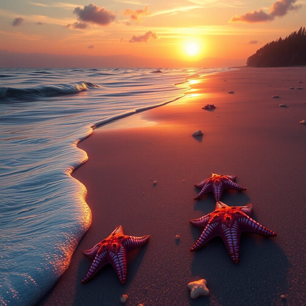 Serene Sunset Coastline with Shimmering Light and Iridescent...