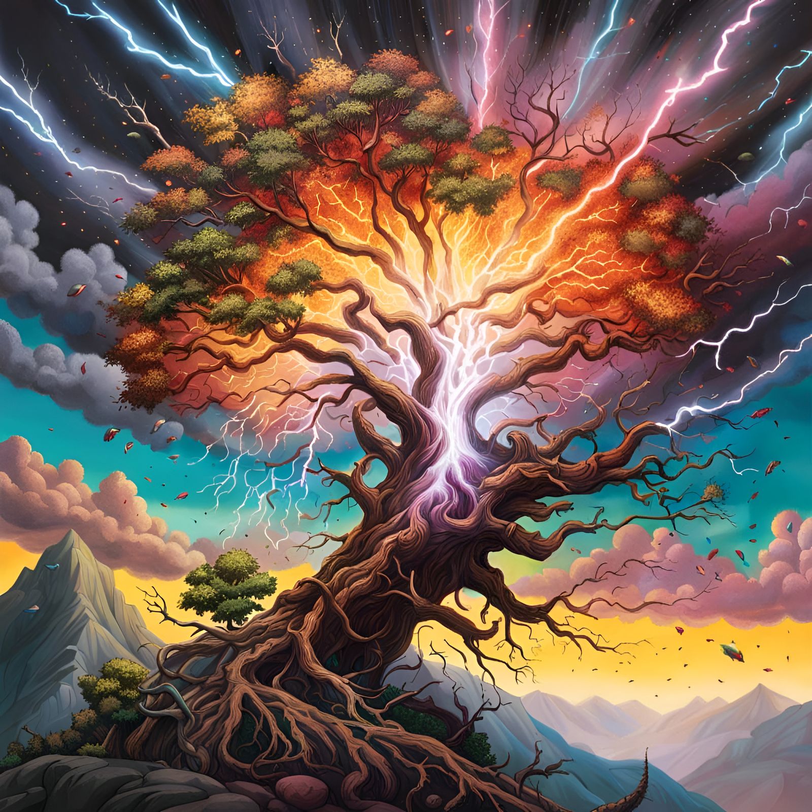 Exploding Tree Struck by Lightning in Hyperrealistic Style