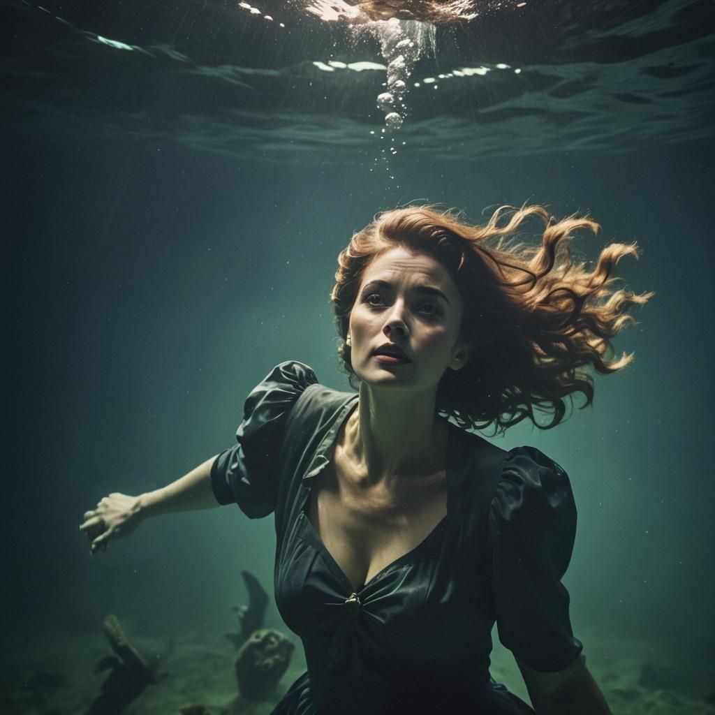 Vintage Woman Sinking Underwater: Cinematic Film Still