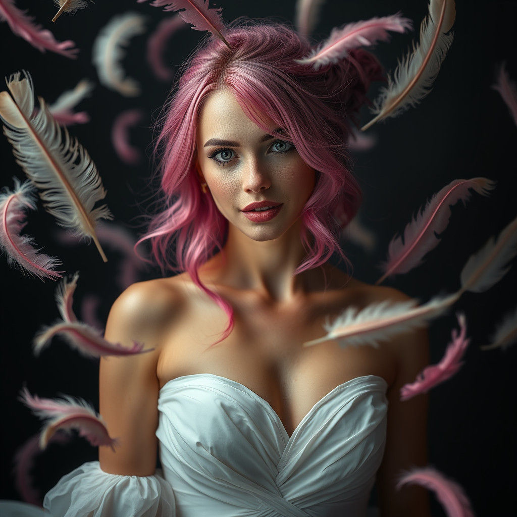 Pink-Haired Woman Surrounded by Feathers: Hyperrealistic HDR