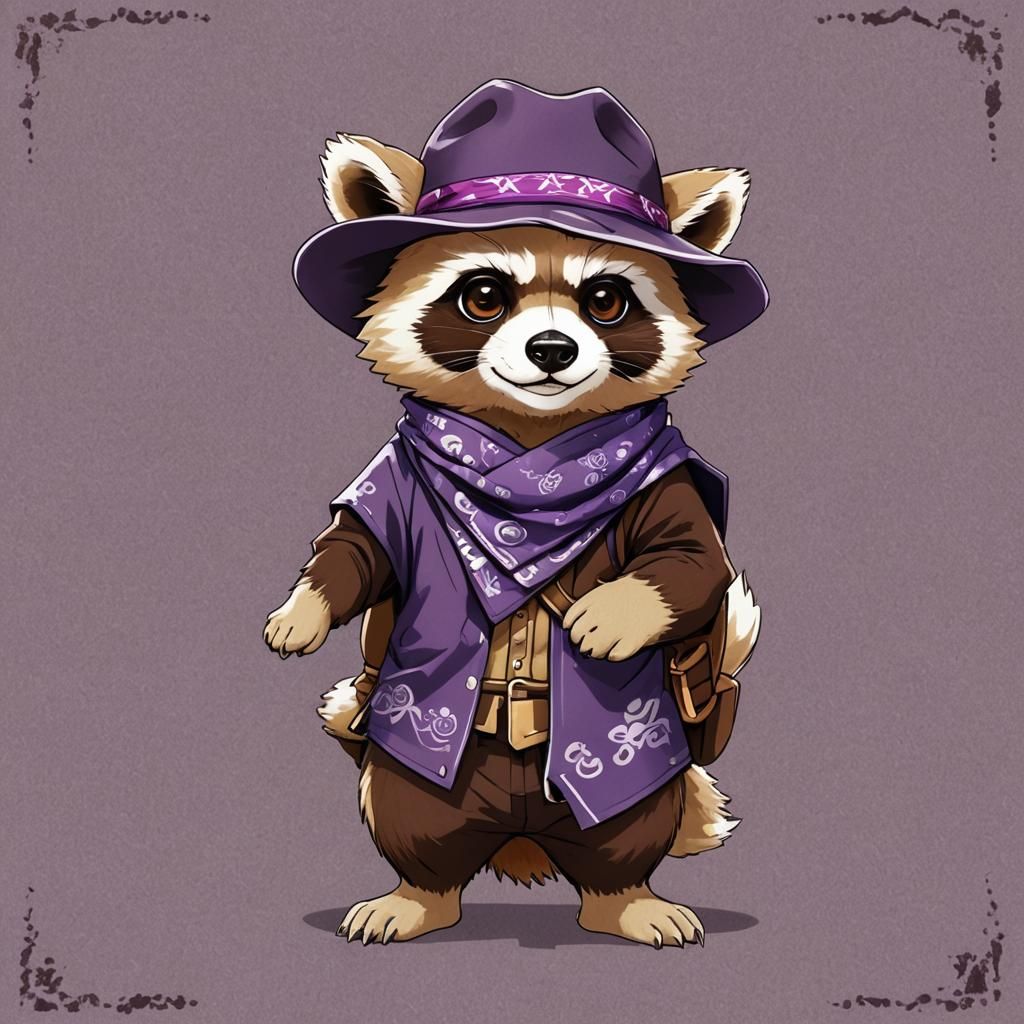 Cowboy Tanuki with Purple Bandana in Anime Style
