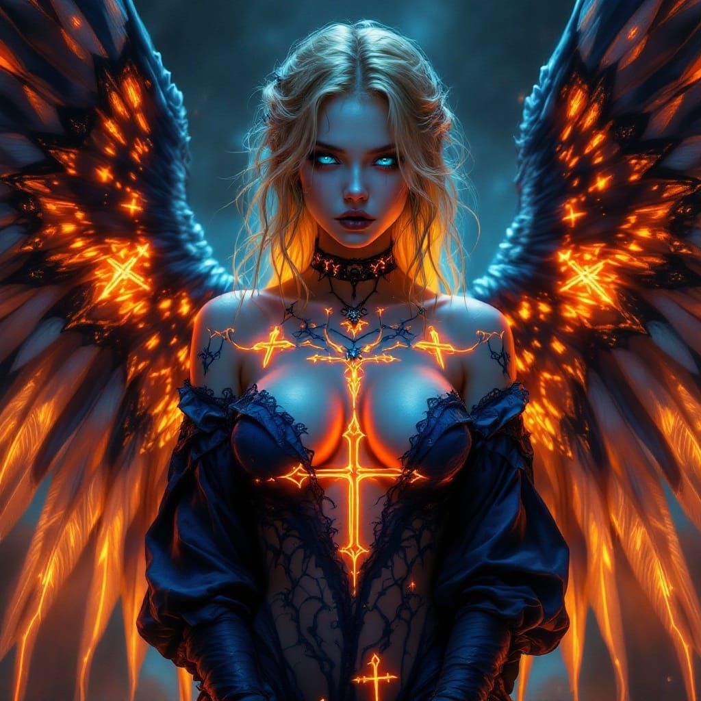 Seductive Goth Angel with Azure Robe and Neon Tattoos