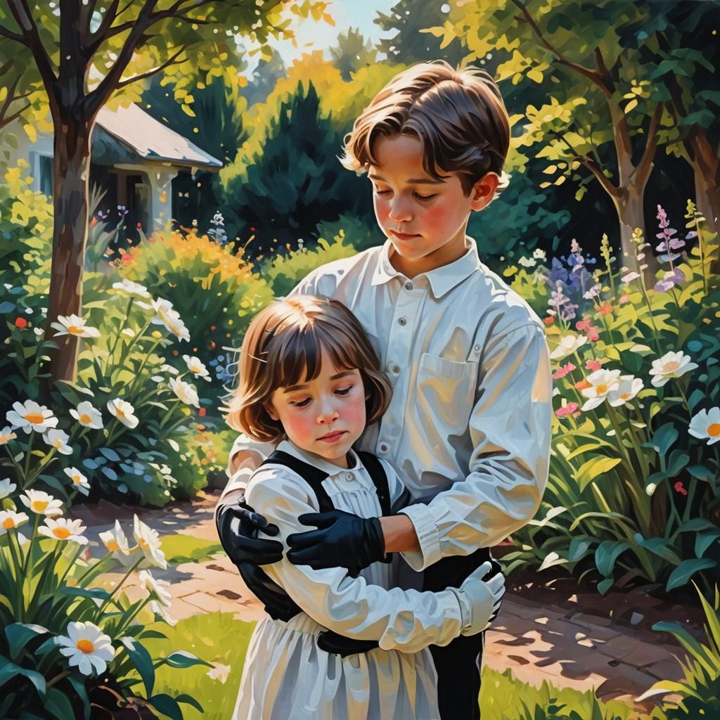 Brother and Sister Embrace in Sunlit Garden