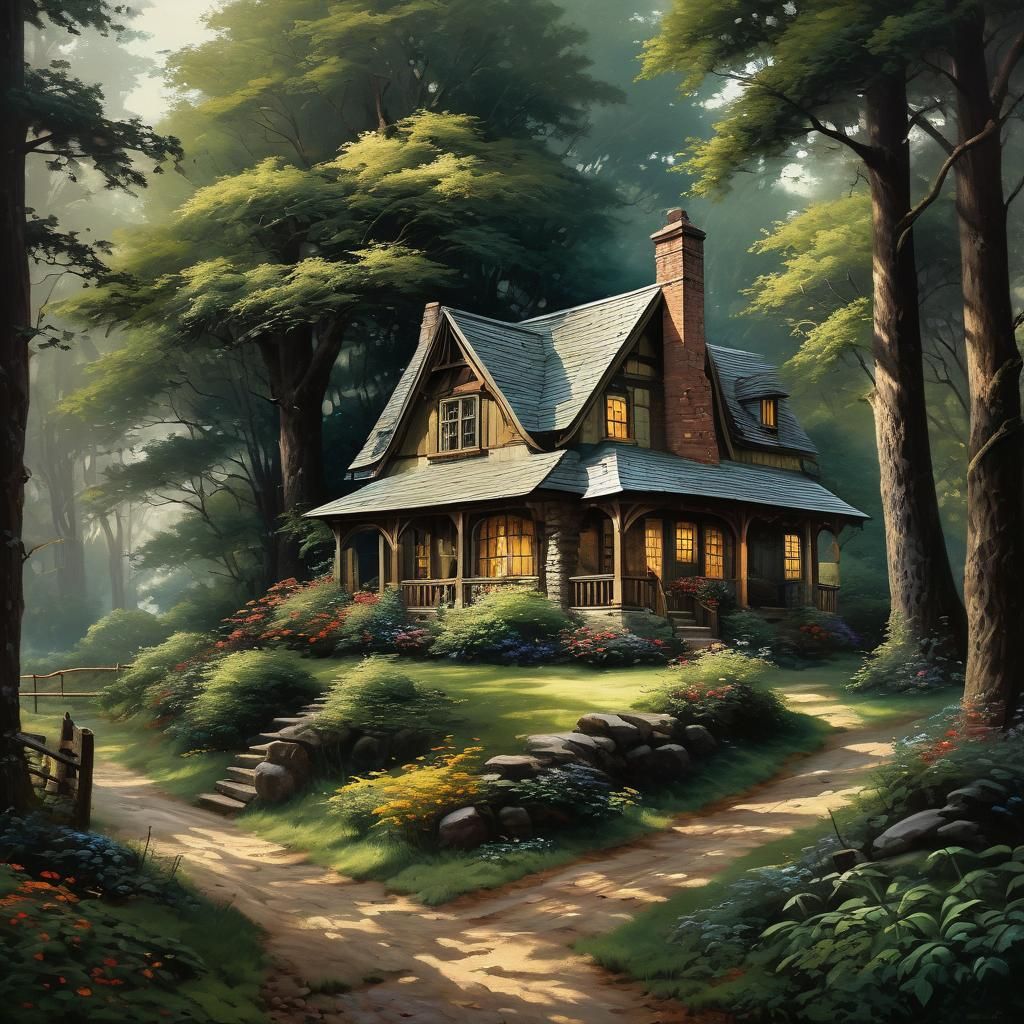 Thomas Kincaid style cottage in forest, oil painting style by James Gurney