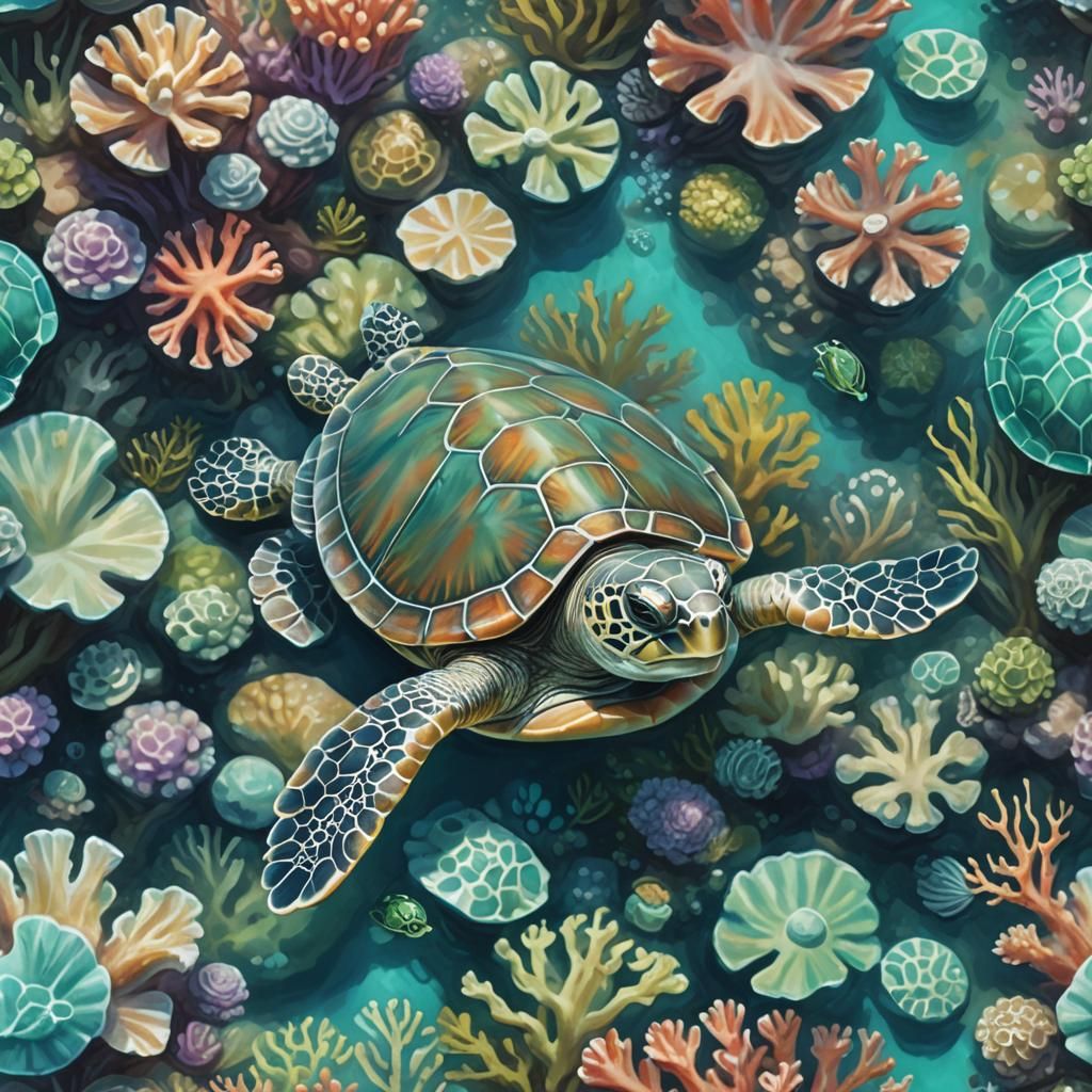 Cute Baby Turtle Swimming in Coral Reef