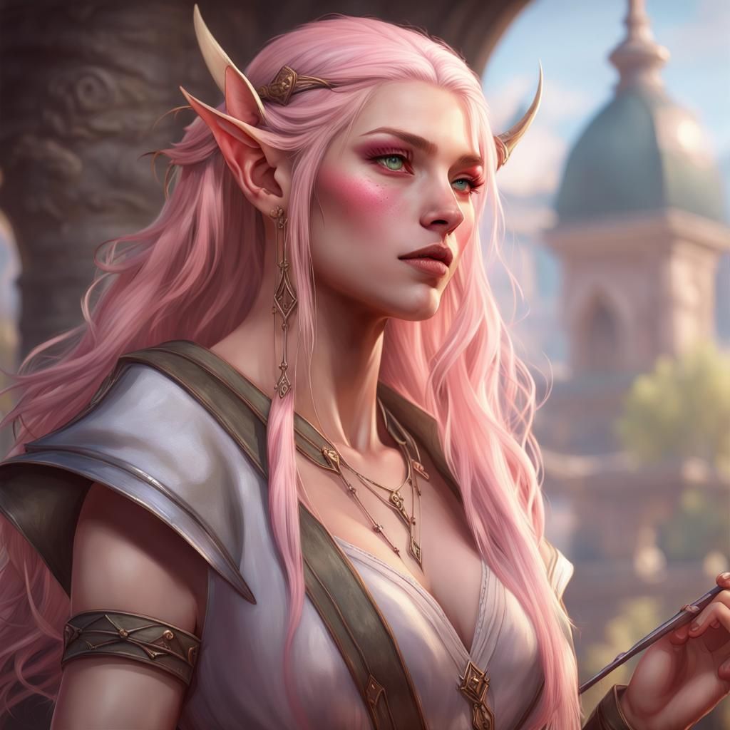 Stunning female half elf bard full body portrait with long pastel pink hair and bright hazel eyes playing a Harp