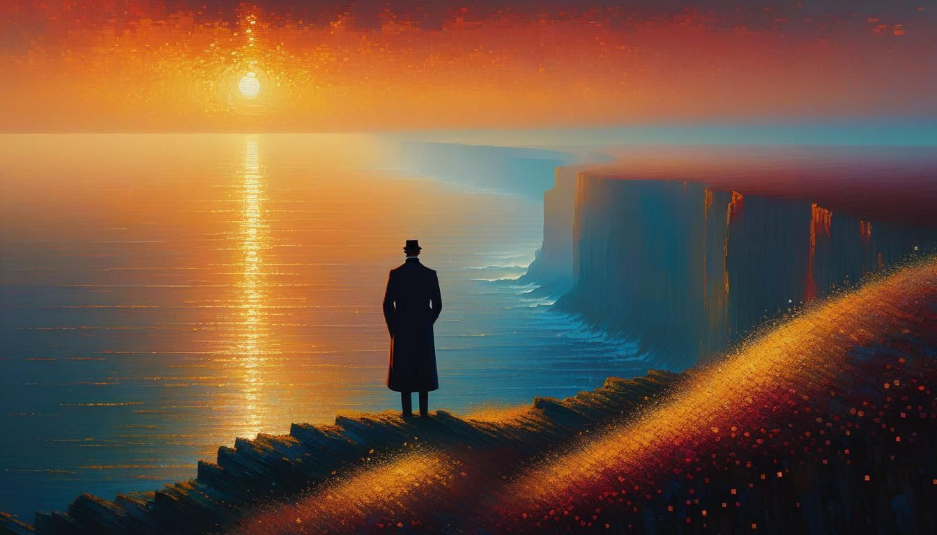 Romantic Figure Over Pixel Sea in Golden Light