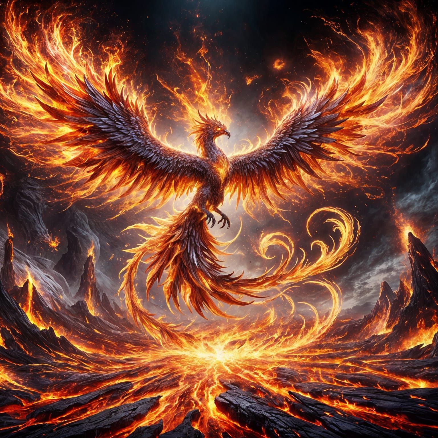 Flaming Phoenix Soaring Over Lava River